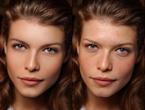 An example of Clay's work retouching a photograph ("before" on the right, "after" on the left)